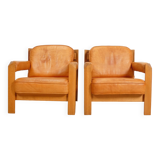 2 fauteuils en chêne et cuir cognac par Skilla