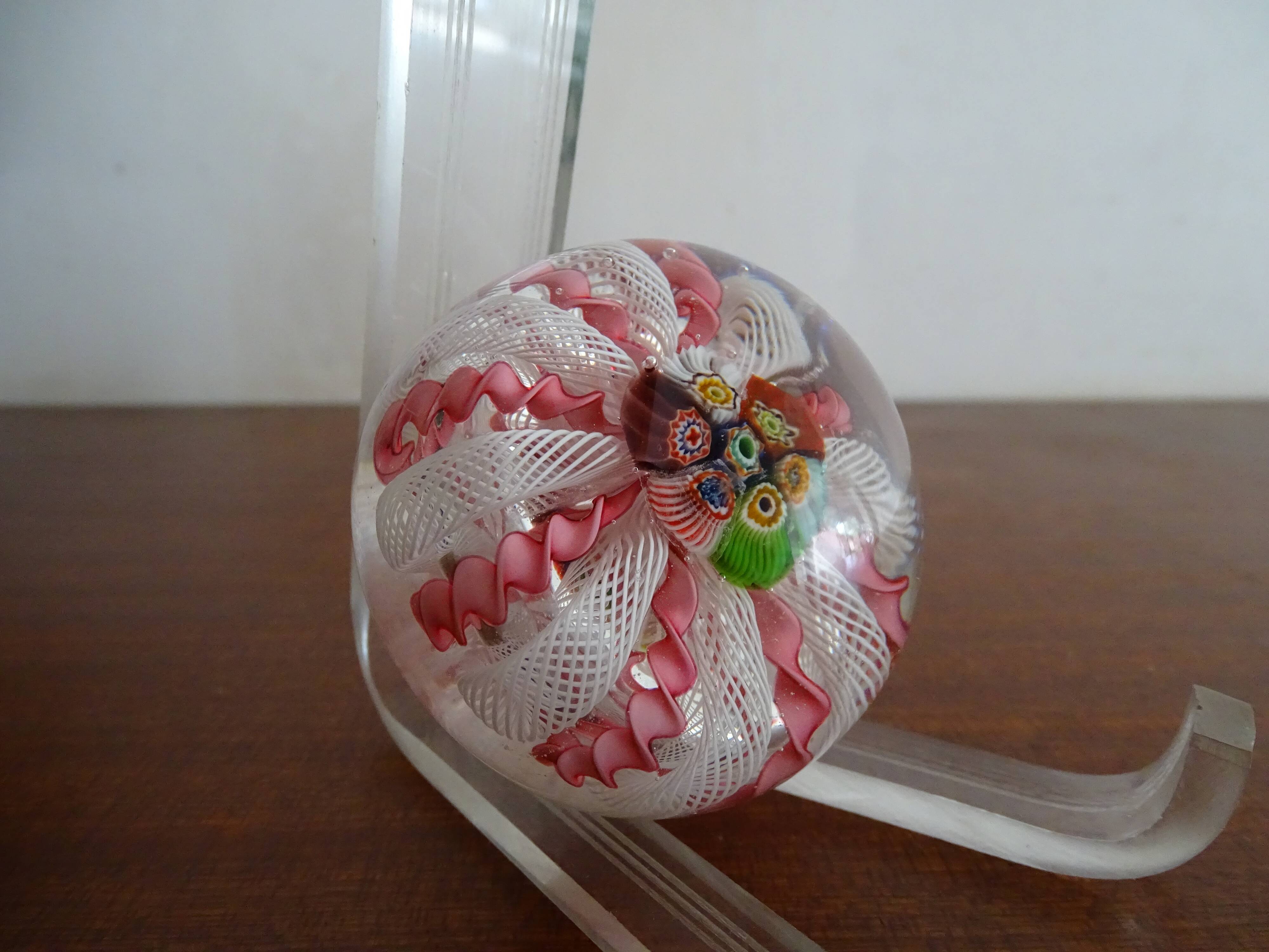 Murano paperweight millefiori and latticino twisted ribbons