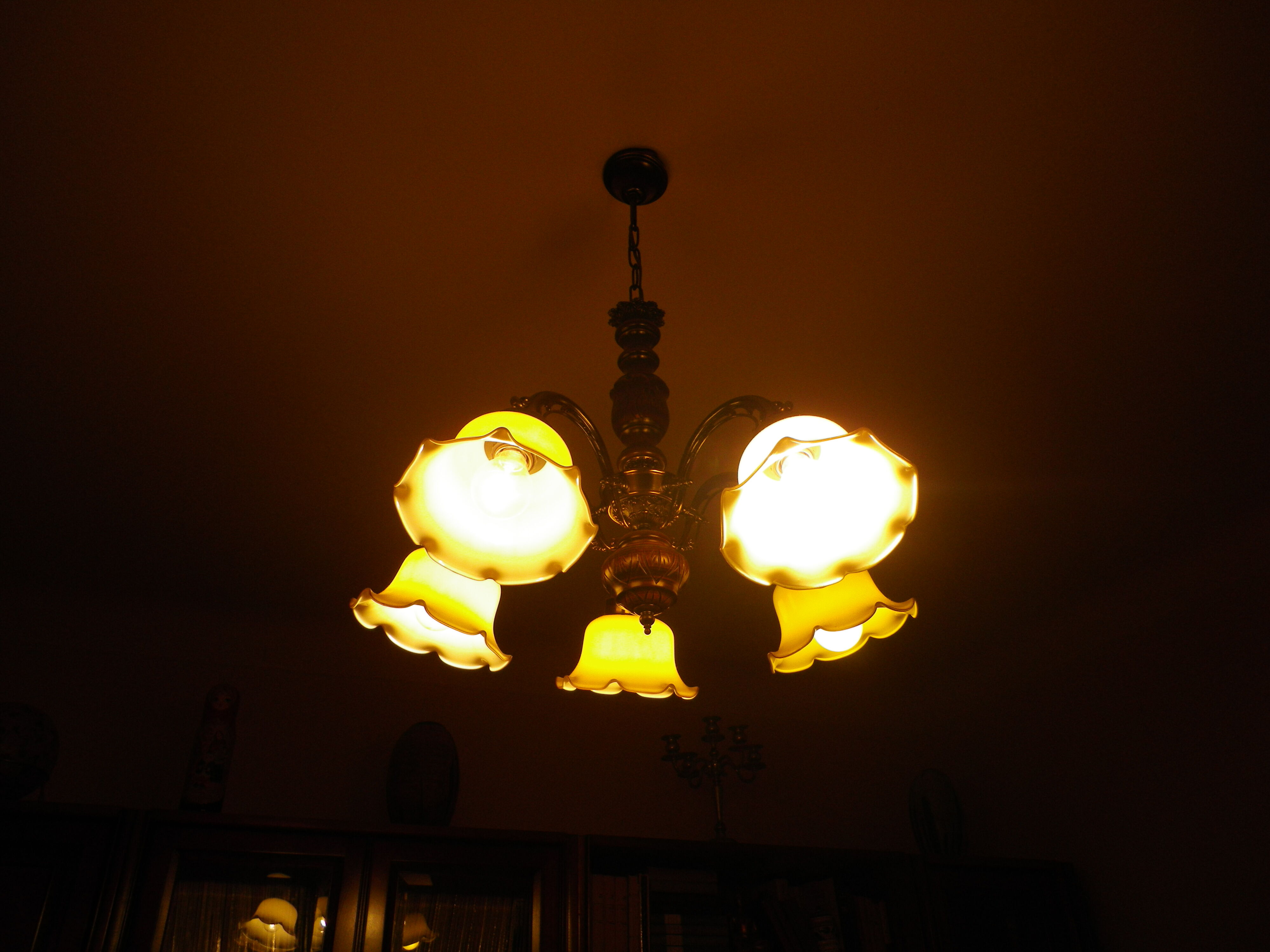 Five-branch suspension in wood and gold metal with a corolla opaline lampshade.