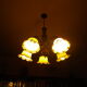 Five-branch suspension in wood and gold metal with a corolla opaline lampshade.