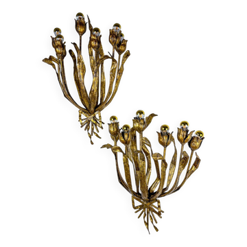 Monumental pair of gilt metal "tulip bouquet" wall sconces, 7 lights, Italy 1950s