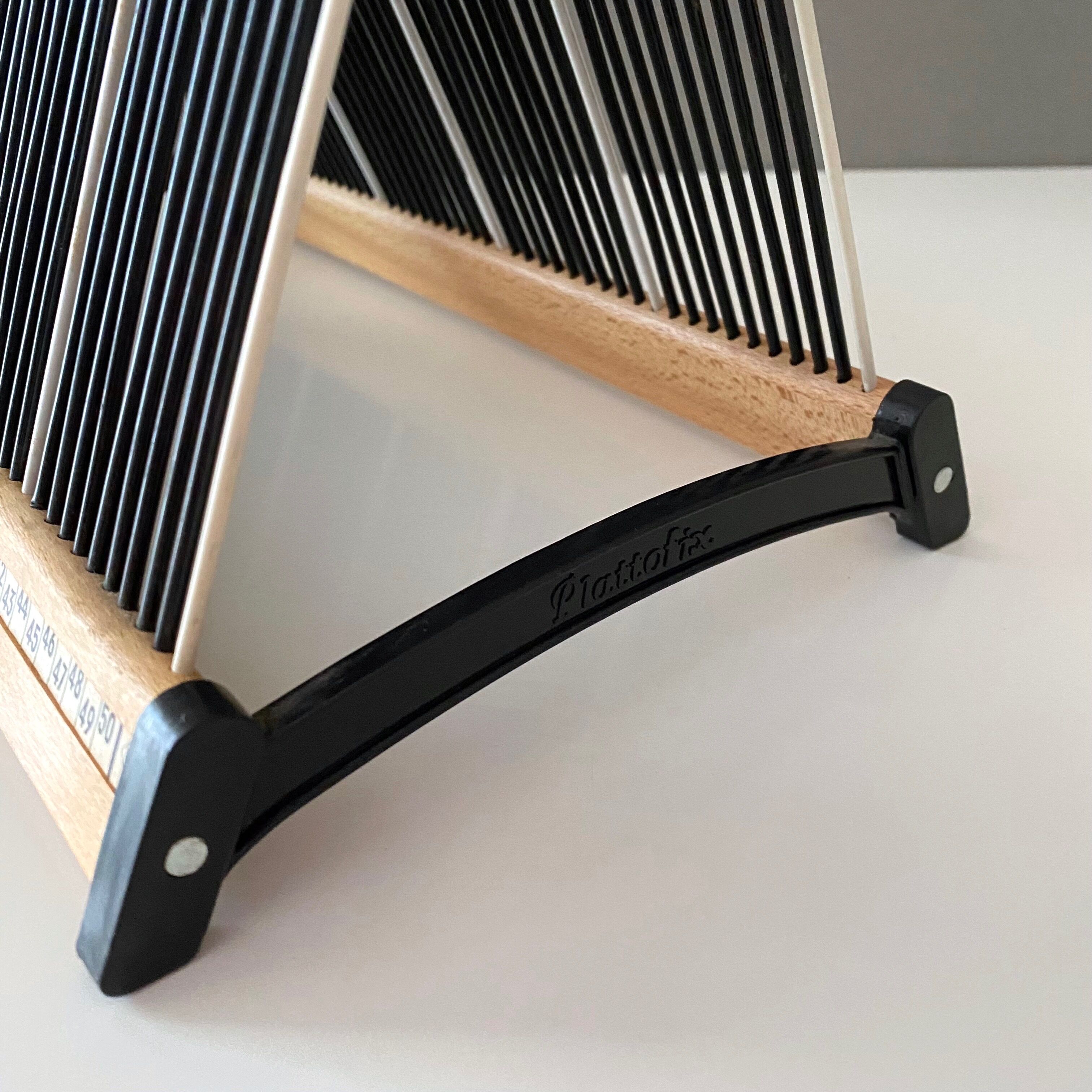 Vintage record stand, vinyl record holder, Plattofix Germany, black white, 50 records