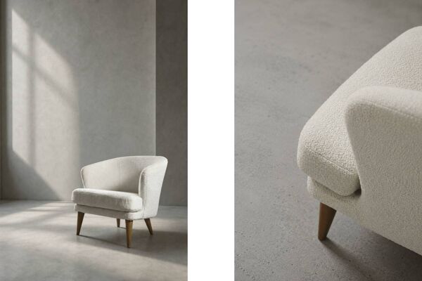 Fauteuil en chêne et tissu scandinave moderne du milieu du siècle avec dossier arrondi