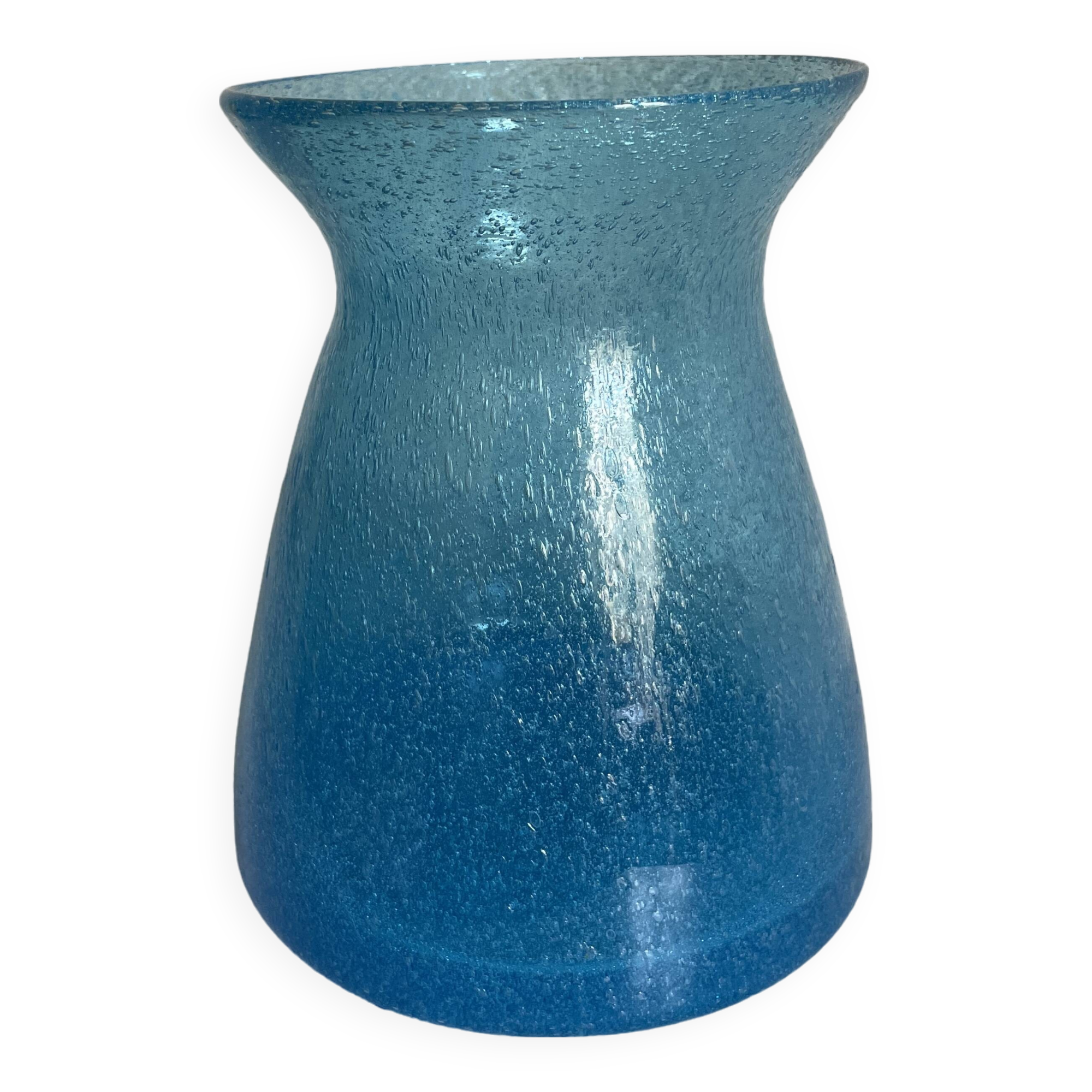Blue glass vase with encrusted bubbles