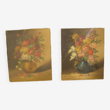 Paire de peintures de fleurs ancienne