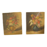 Paire de peintures de fleurs ancienne