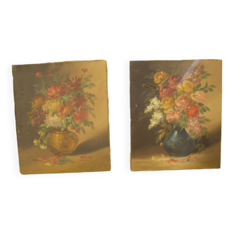 Paire de peintures de fleurs ancienne