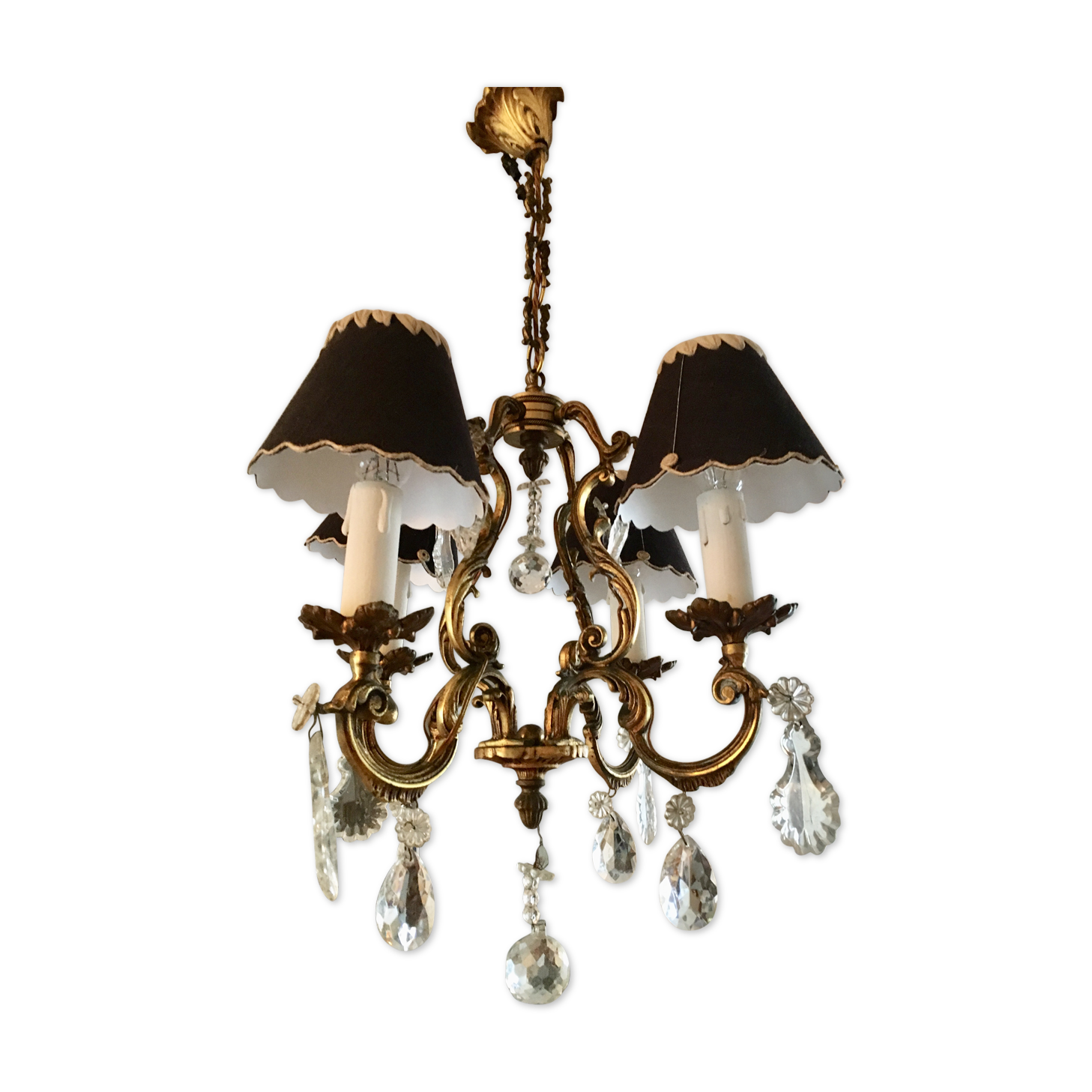 Cage chandelier 4 burners solid bronze and crystal pendants