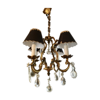 Cage chandelier 4 burners solid bronze and crystal pendants