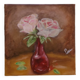 Huile sur toile fleurs dans un vase rouge