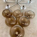 Old 6-light chandelier designed by Sciolari in chrome metal and smoked glass, 70s vintage