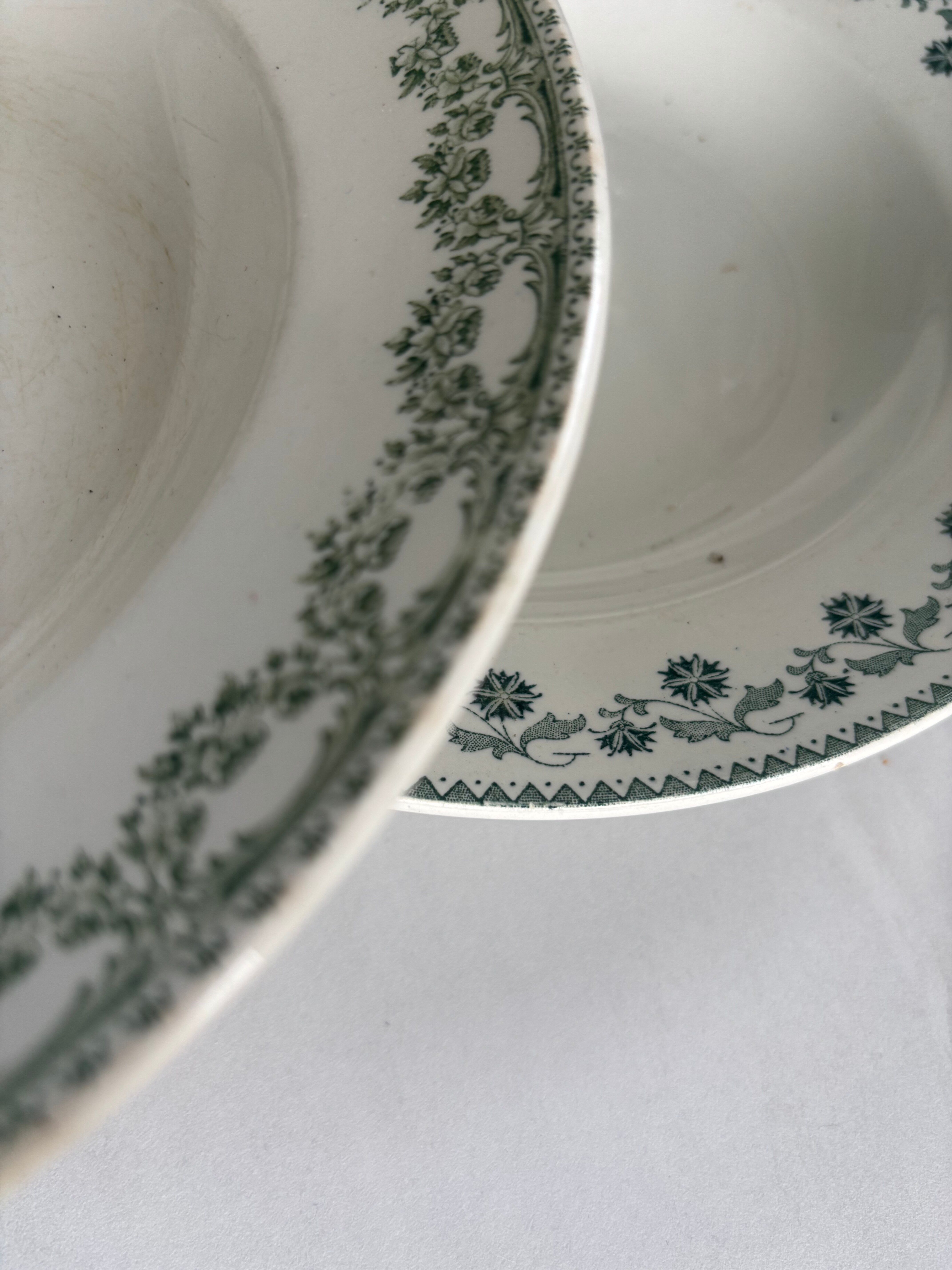 Set of 6 blue and green ironstone deep plates, French earthenware.