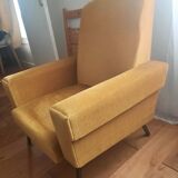 Fauteuil vintage velour jaune moutarde