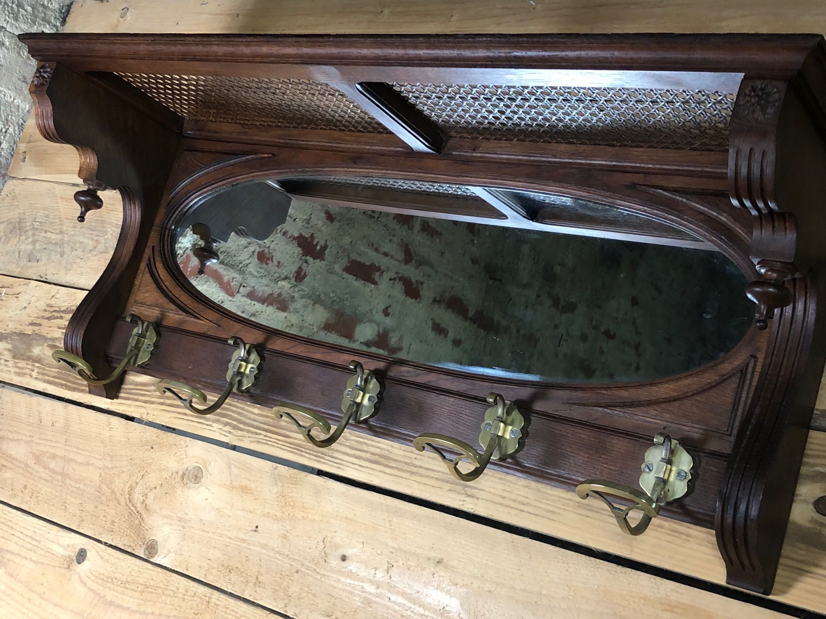 Walnut coat / towel holder 5 brass hooks 1900