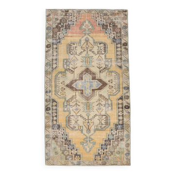 4x8 Mustard Yellow Wool Turkish Rug, Handmade Rug, 125x230Cm