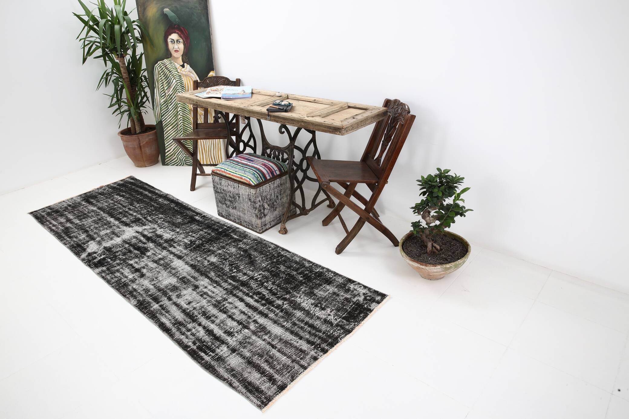 3x9 Shabby Chic Black Gray Turkish Runner Rug, 90x277Cm