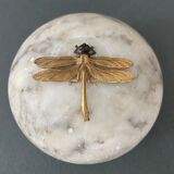 1900 alabaster ball shaped box surmounted by a golden dragonfly