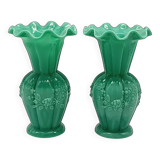 Pair of antique green opaline fairground vases, vintage, french