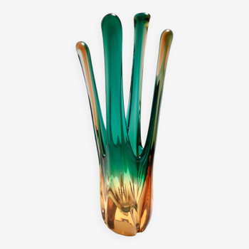 Vase de pièce maîtresse vintage en verre de murano vert et ambré, italie