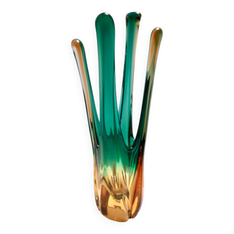 Vintage green and amber murano glass centrepiece vase, italy