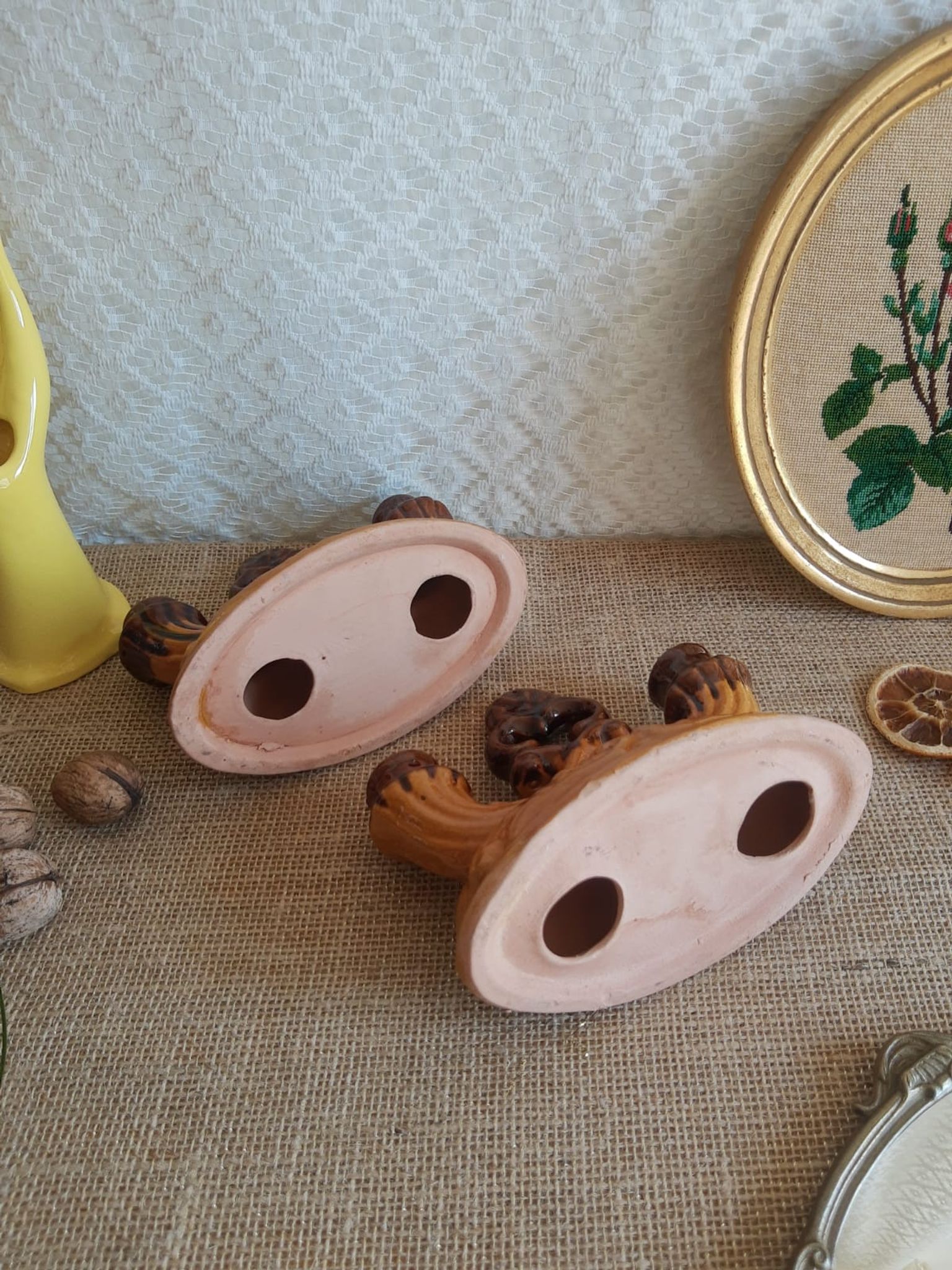 Paire de bougeoirs double barbotine - vintage