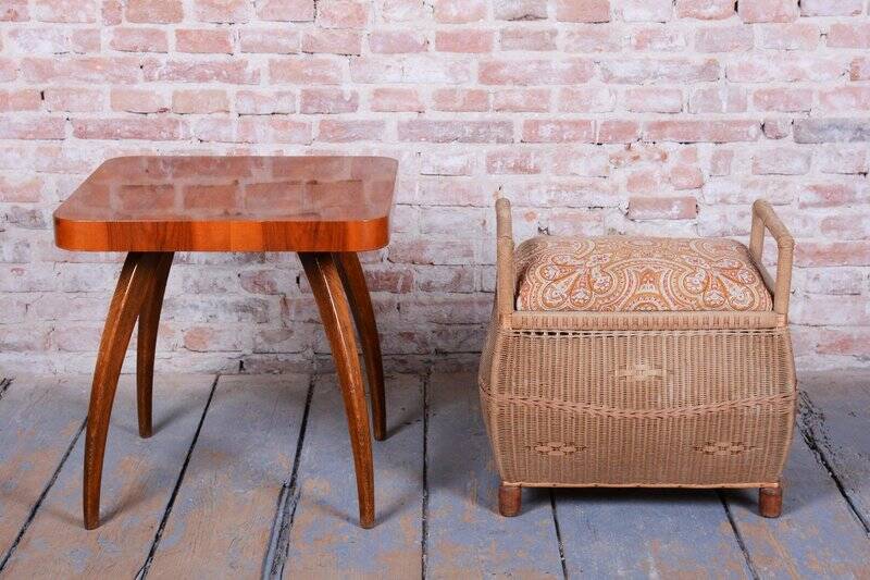 Czech Art Deco Stool in Wood and Hemp, 1940s