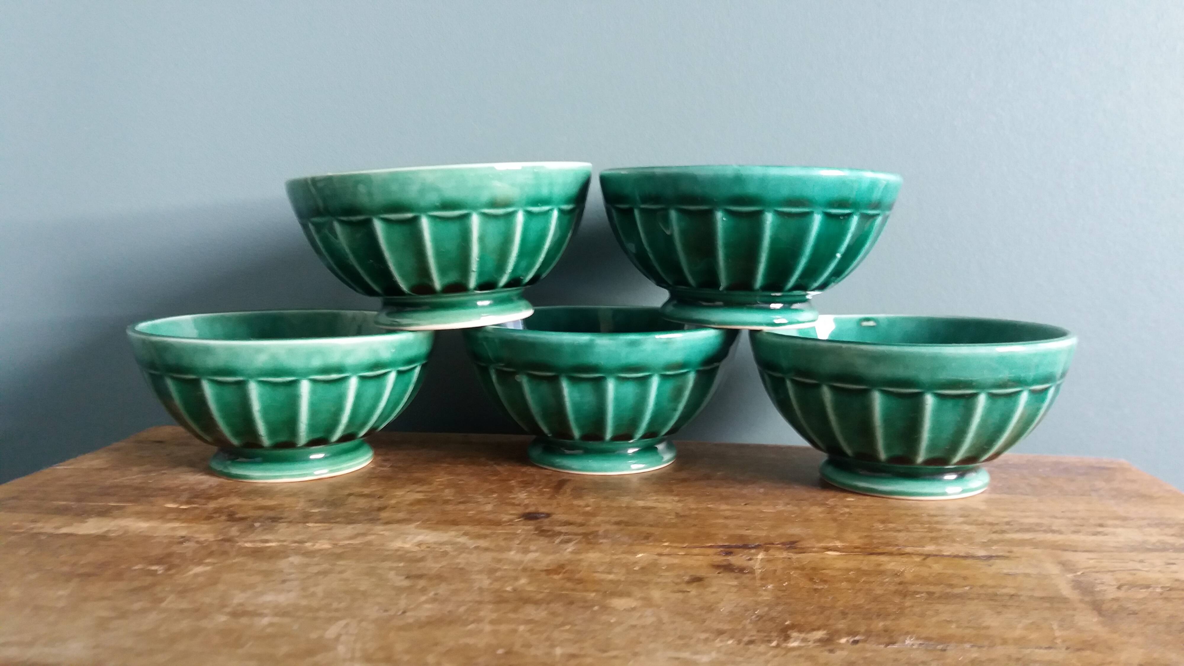 Emerald green glazed ceramic ribbed bowls