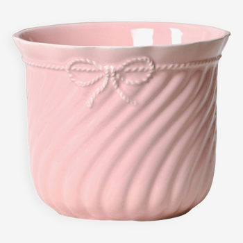 Grand cache-pot vintage en céramique rose relief corde