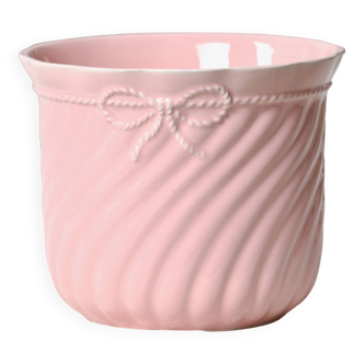 Grand cache-pot vintage en céramique rose relief corde