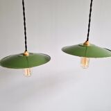 Trio of large industrial suspensions in green enamelled sheet metal.