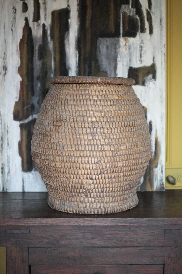 Panier ancien avec couvercle, bourgne paille et ronce, panier tressé, décor