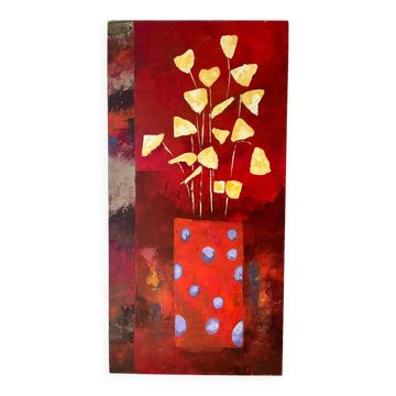 Acrylique sur toile "Fleurs dorées dans un vase à pois"