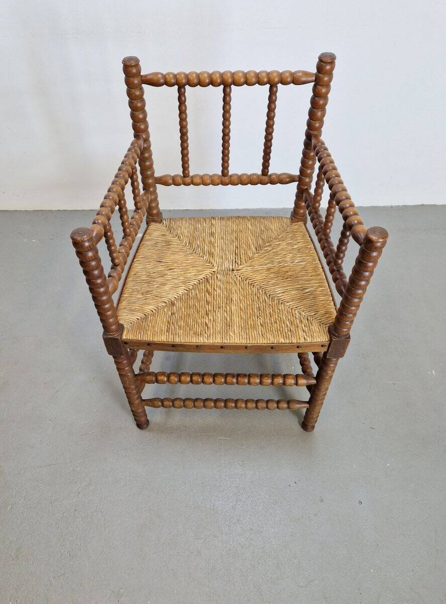 Mid-Century Arts and Craft Oak Bobbin Chair with Rush Seat, 1930s