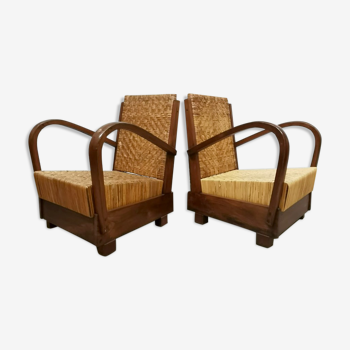 Art deco rattan woven armchairs British colonial fauteuils