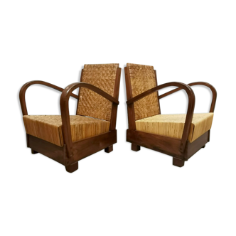 Art deco rattan woven armchairs British colonial fauteuils