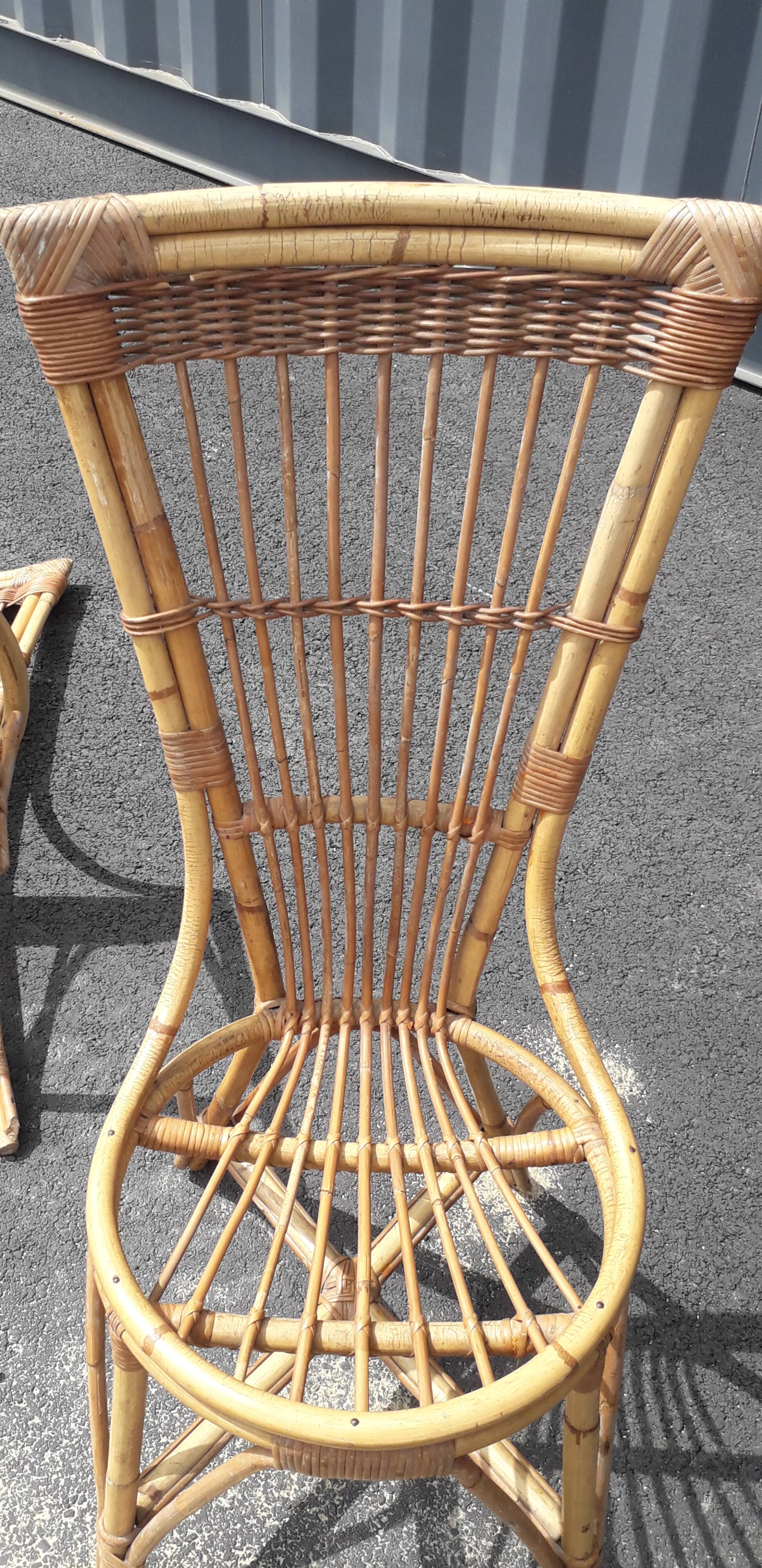 Paire de chaises et table rotin osier vintage XXème