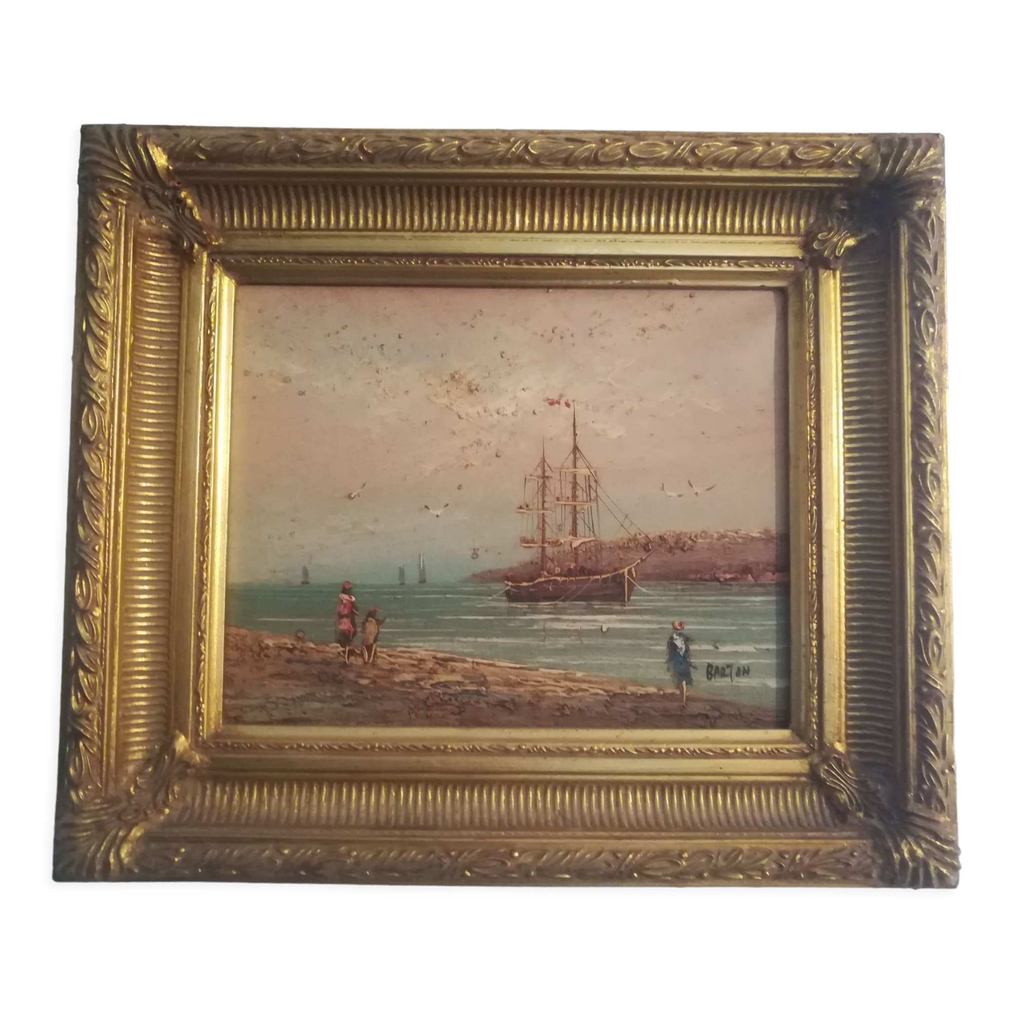 Oil on canvas signed Barton marine in gilded frame