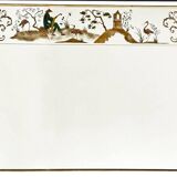 Brasserie mirror in gilded glass with a design of chinoiserie scenes.