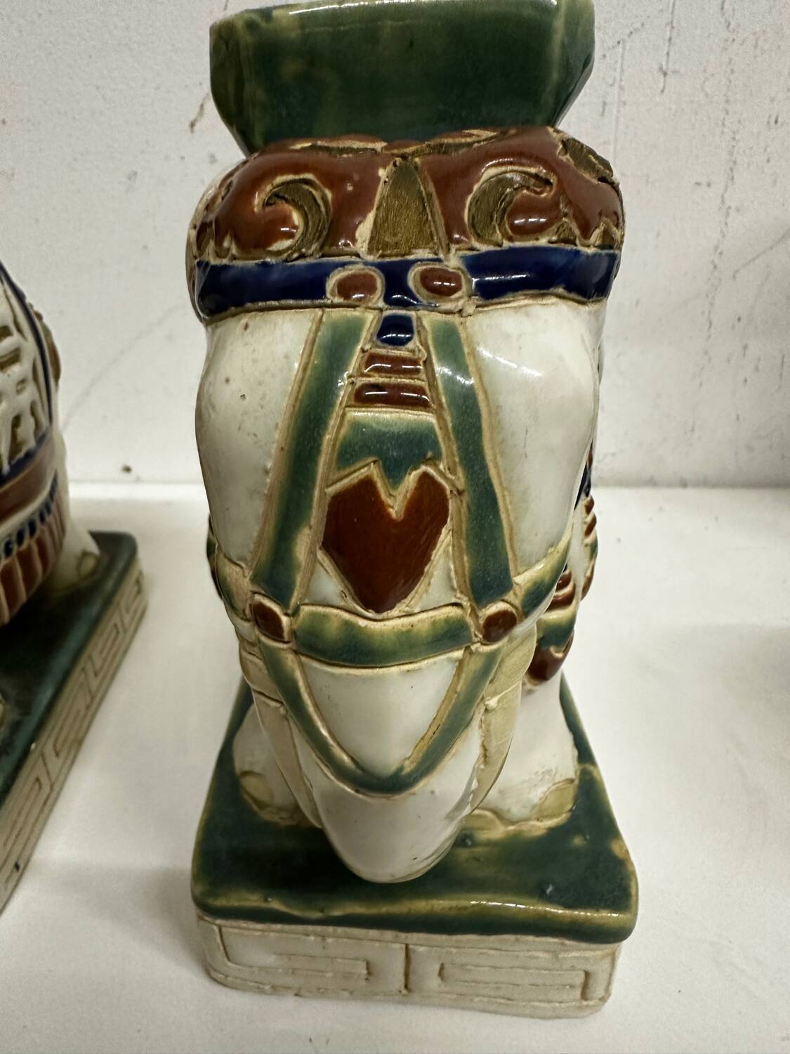 Pair of ceramic elephant plant stands polychrome sculpture - India