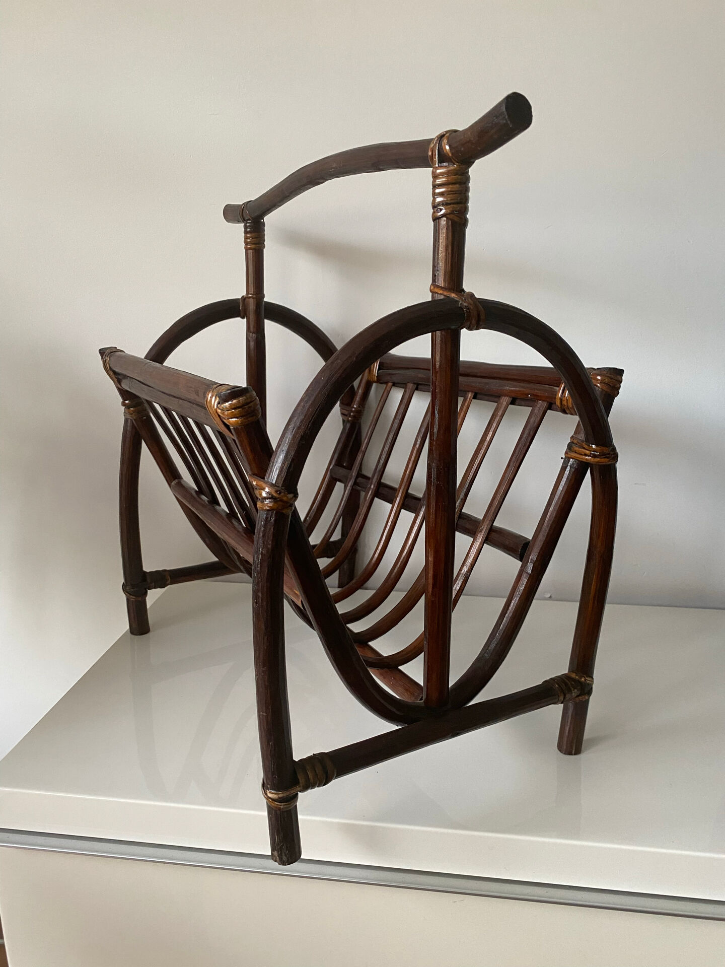 Curved rattan and bamboo magazine rack - French work, circa 1970