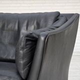 1970s, Danish 2-seater sofa, original black furniture leather, teak wood.