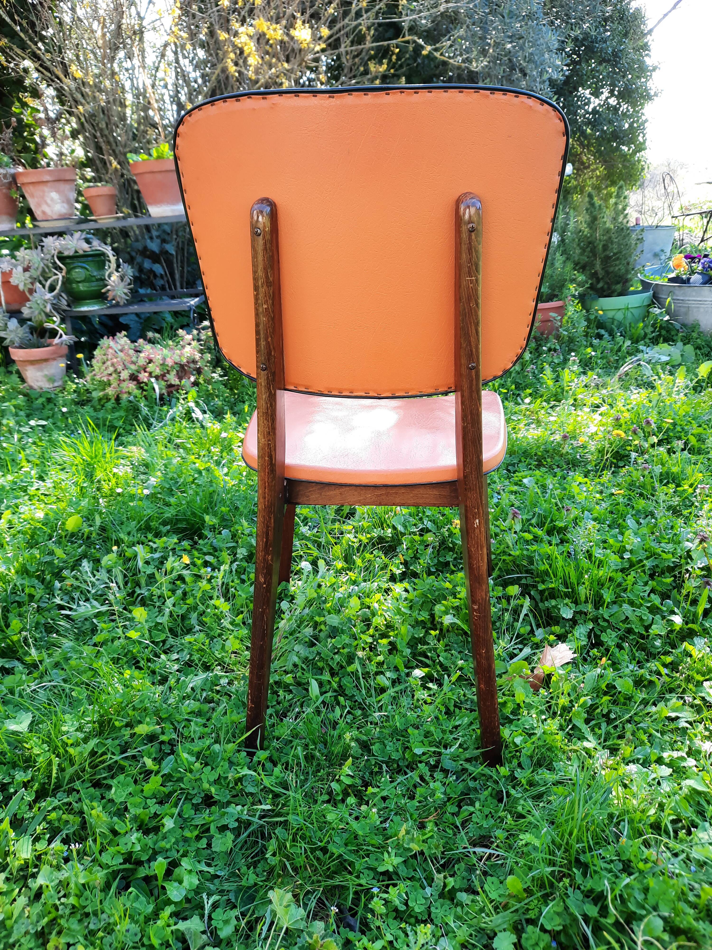 Set of 6 orange skai and wood chairs from the 60s