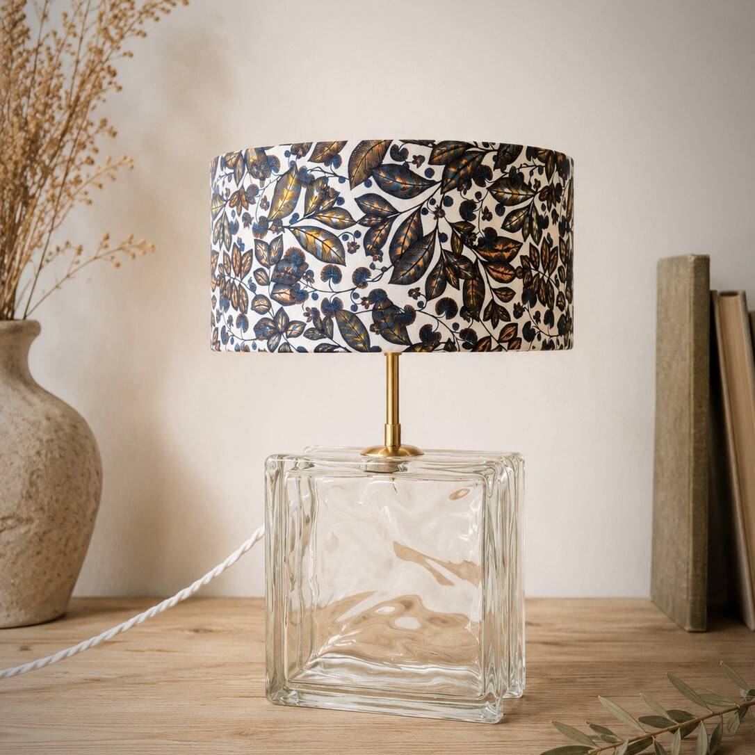 Vintage lamp with glass block and blue floral shade