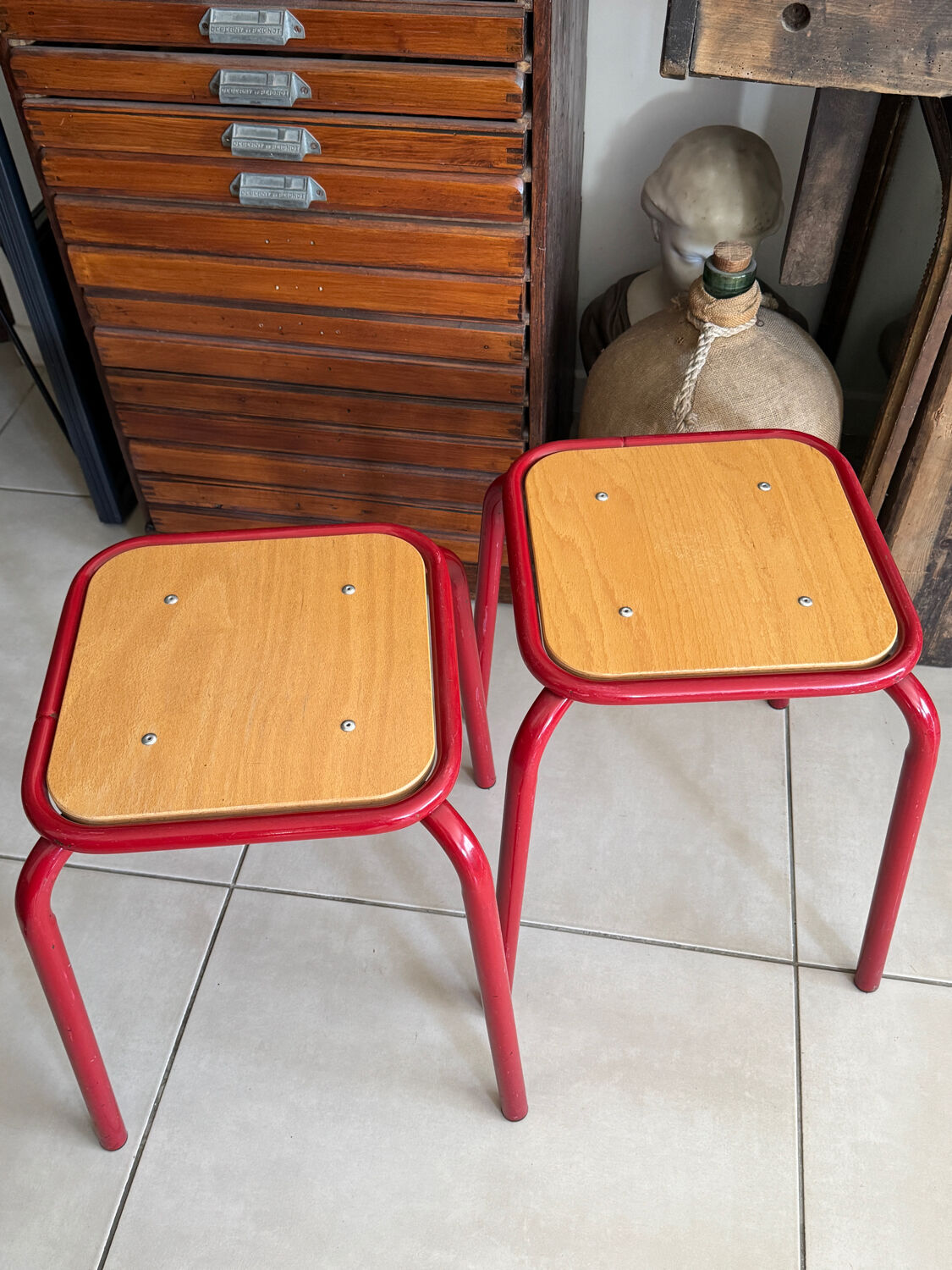 Vintage workshop style stool trio – 2 red & 1 blue