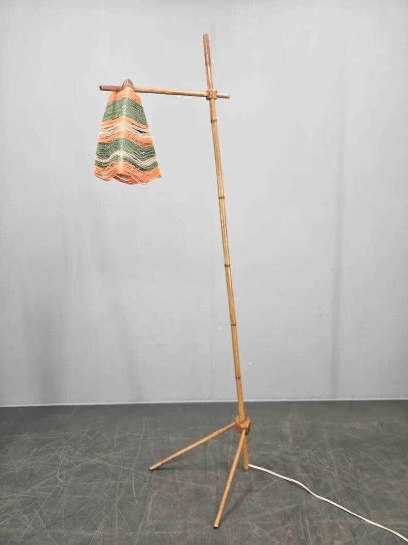 Rare Midcentury Floor Bambnoo and String Lamp, 1960s