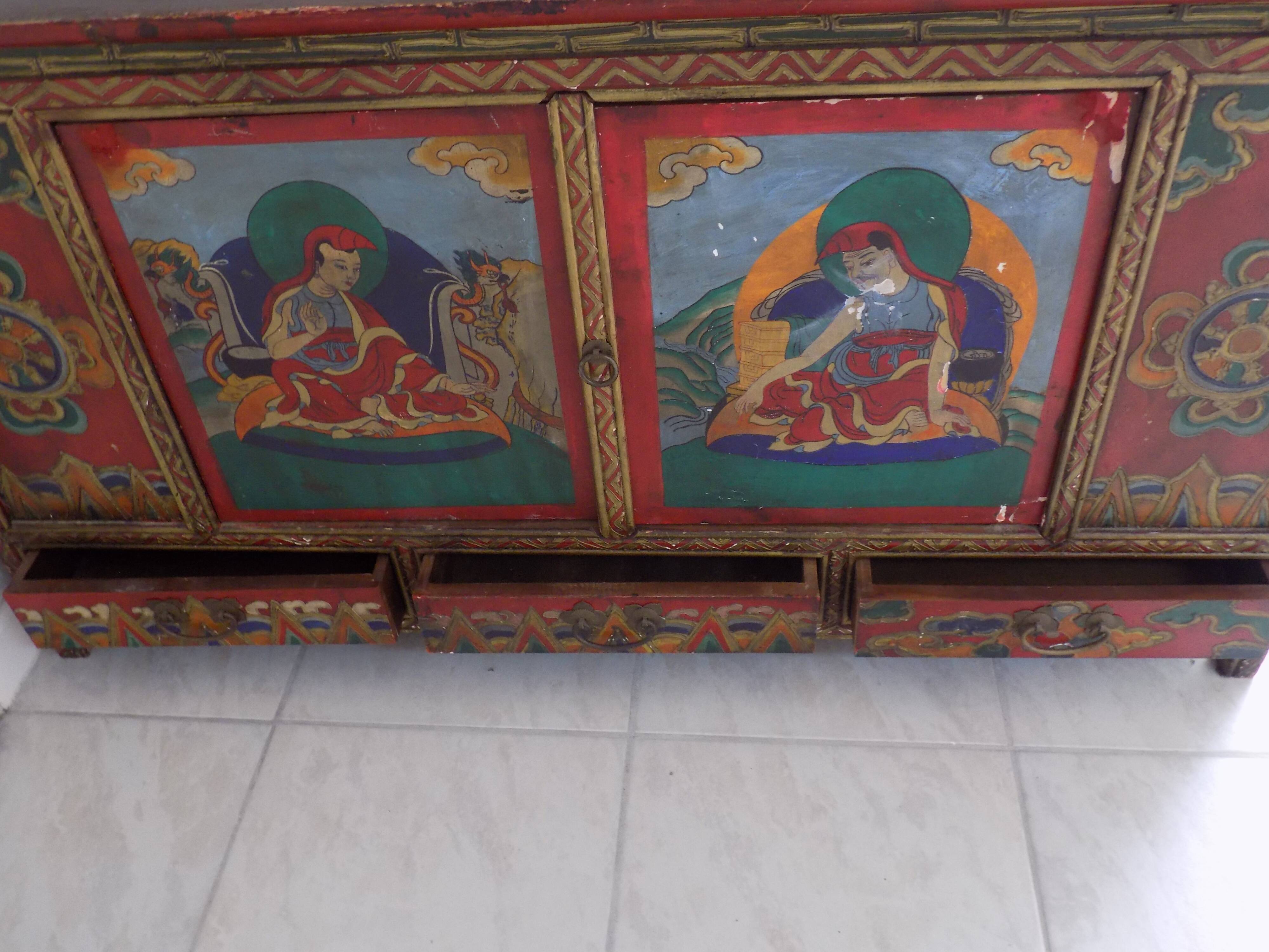 Hand-painted Nepalese Buddha sideboard with storage in the 70s
