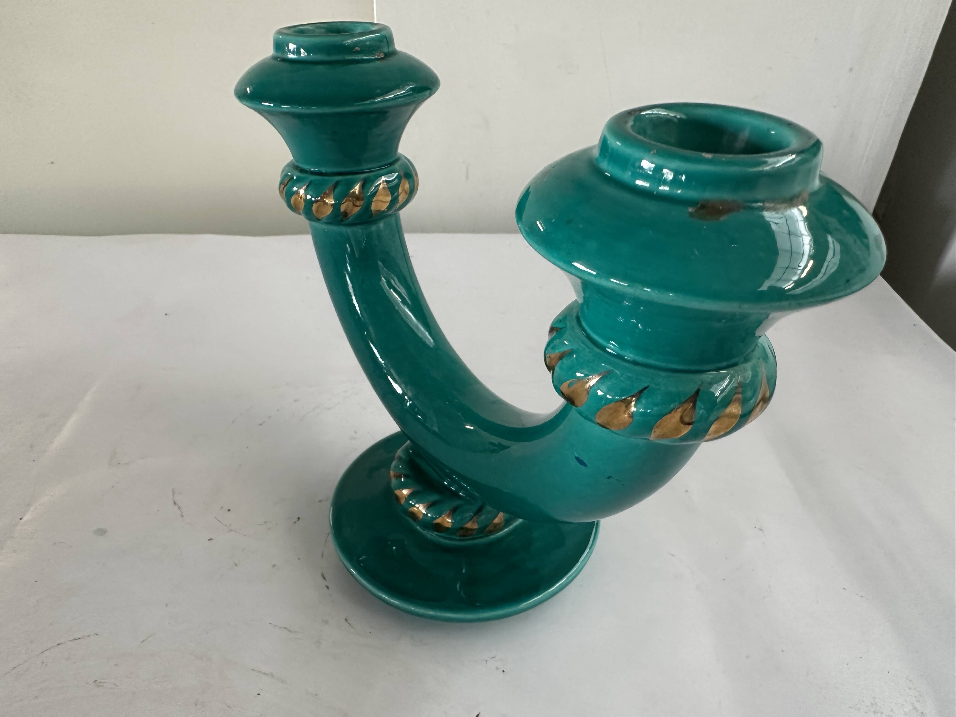 Art Deco candlestick in green and gold glazed ceramic, attributed to Vallauris