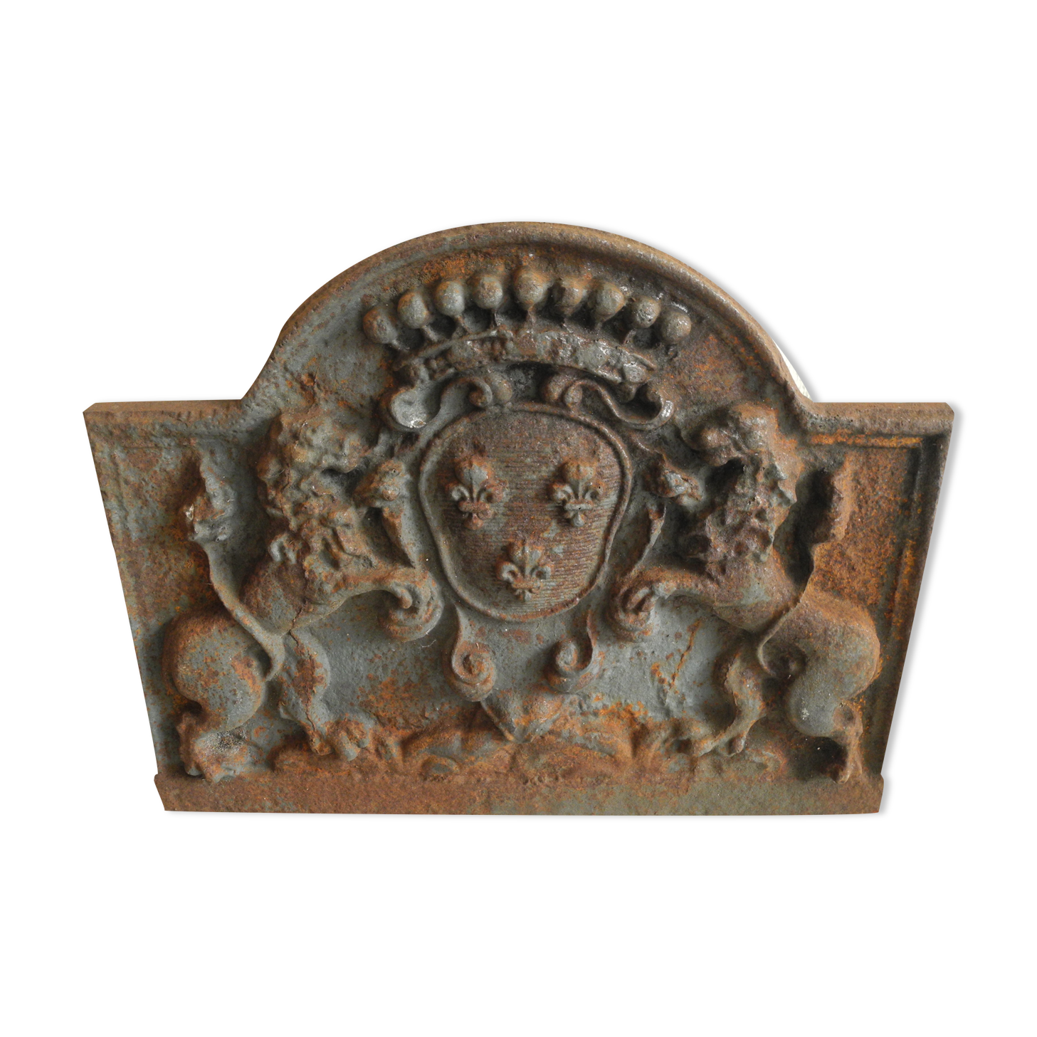 Plaque cheminée fonte xixe old cast iron fireback 19th armoirie lions lys