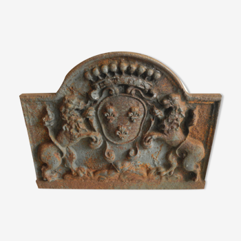 Plaque cheminée fonte xixe old cast iron fireback 19th armoirie lions lys