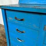 Wooden commercial workshop furniture with 4 drawers and 2 hinged doors - original patina